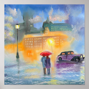 Rainy day red umbrella romantic couple walk poster