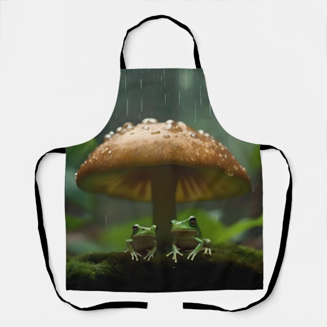 Rainy Day Refuge: Frogs Sheltering Under Mushroom Apron (Front)
