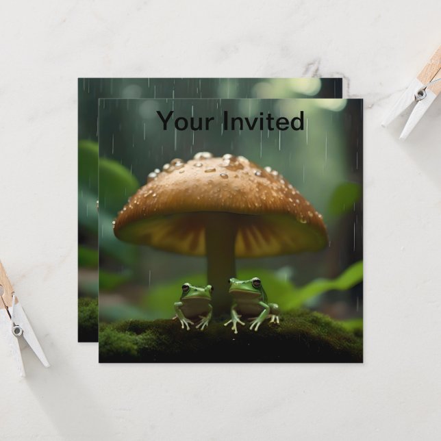 Rainy Day Refuge: Frogs Sheltering Under Mushroom Invitation (Front/Back In Situ)