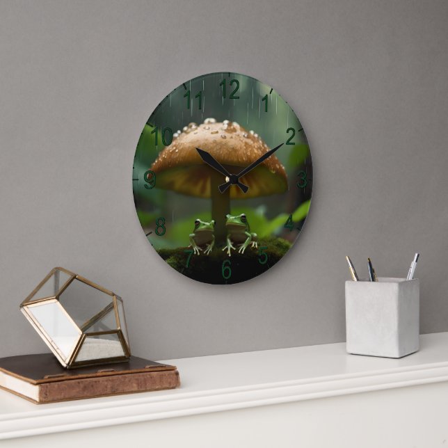 Rainy Day Refuge: Frogs Sheltering Under Mushroom Large Clock (Office)
