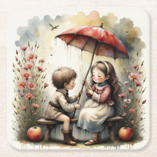 Rainy Day Romance Little Sweethearts Art Square Paper Coaster