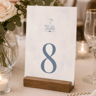 Rainy Day Romance Umbrella Blue Watercolor Table Number