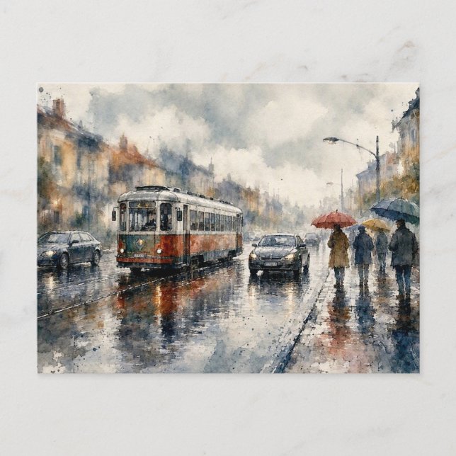 Rainy Day Streetcar Scene,  Postcard (Front)