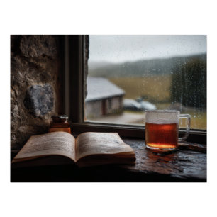 Rainy Day Tea and Book Window Poster