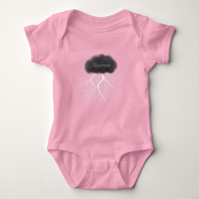 Rainy Day Thunder Cloud With Baby's Name Pink Baby Bodysuit (Front)