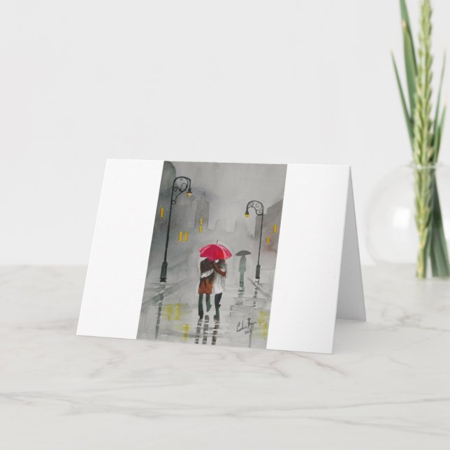 RAINY DAY UMBRELLA RED TRAM romantic Card (Front)