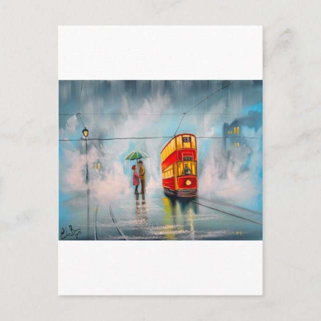 RAINY DAY UMBRELLA RED TRAM romantic couple Postcard (Front)