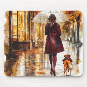 Rainy Day Walk Girl Dog Burgundy Jacket City Mouse Pad