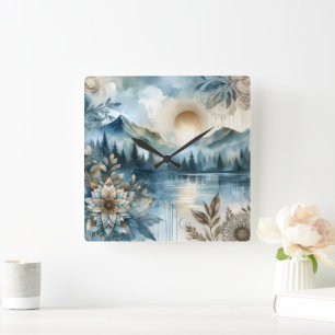 Rainy Day Watercolor Mountain Lake Rustic Boho Square Wall Clock