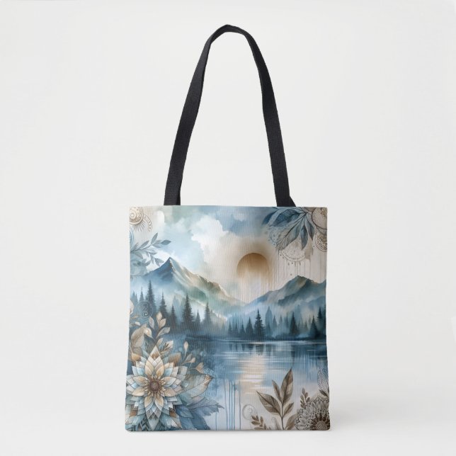 Rainy Day Watercolor Mountain Lake Rustic Boho Tote Bag (Front)