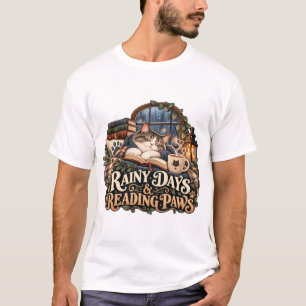 Rainy Days & Reading Paws Cozy Cat Book Lover T-Shirt