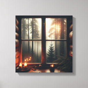 Rainy Forest View from Cabin Vintage Window Scene Canvas Print