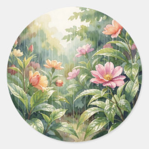 Rainy Garden Camellia Flowers Watercolor Classic Round Sticker