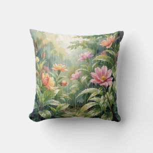 Rainy Garden Camellia Flowers Watercolor Cushion