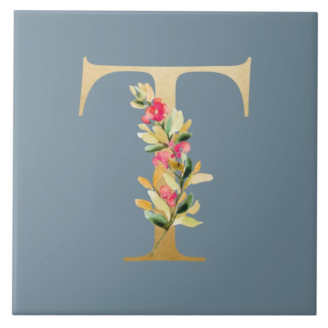 Rainy grey background faux golden T floral Tile (Front)