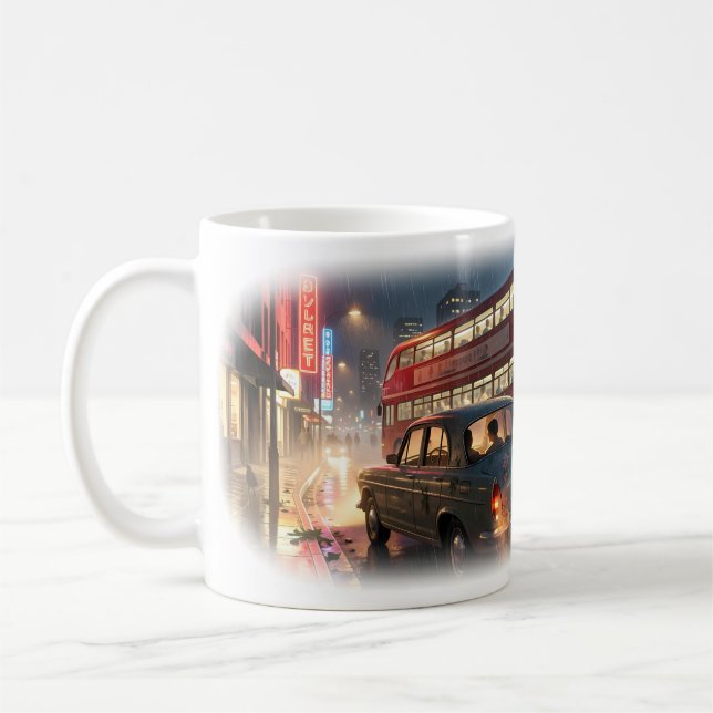 Rainy Neon Double Decker City Night Mug (Left)