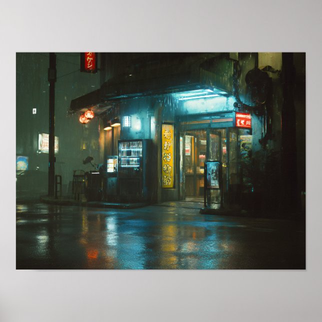 Rainy Neon Japanese Corner Store Poster (Front)