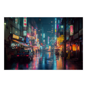 Rainy Neon Tokyo Alley Poster