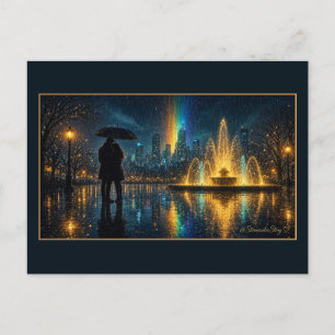 Rainy Night Fountain Couple Under Umbrella Postcard
