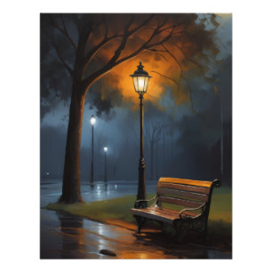 Rainy Night Park Bench – Cinematic Emotional Oil P Photo Print
