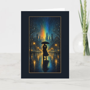 Rainy Night Romance Couple Under Umbrella Card