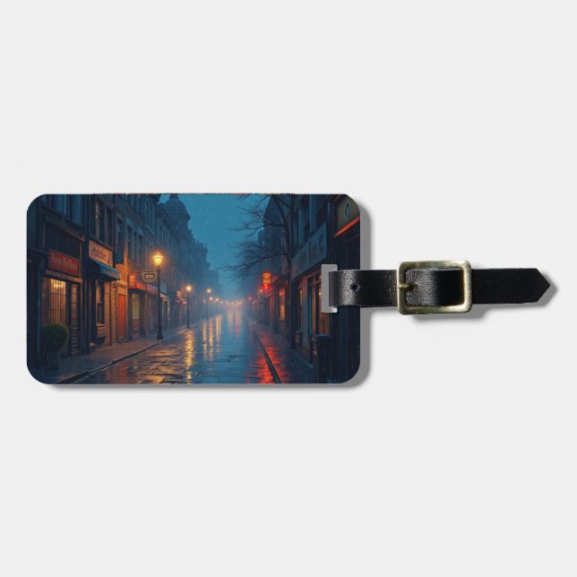rainy night street luggage tag (Front Horizontal)