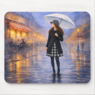 Rainy Paris Cafe Umbrella Mouse Pad