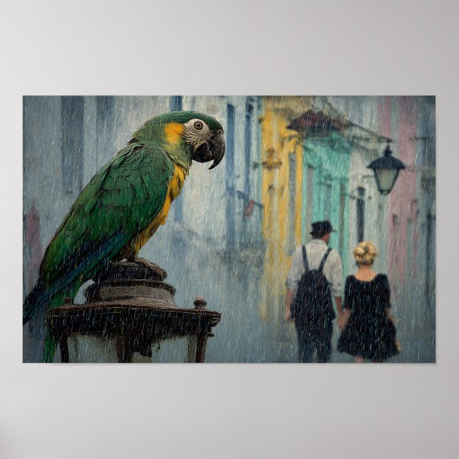 Rainy Romance with Parrot – Parrot on Lamp in Rain Poster (Front)