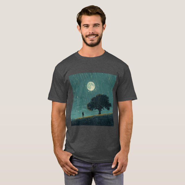 Rainy Solitude – Lonely Person & Tree Illustration T-Shirt (Front Full)