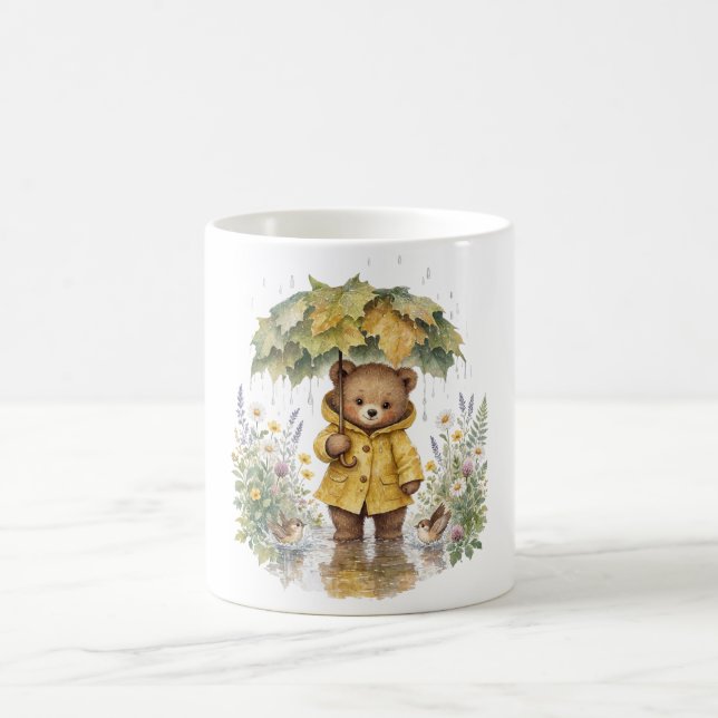 Rainy Teddy Bear Autumn Umbrella Art Coffee Mug (Center)
