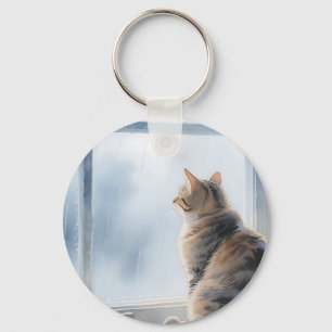 Rainy Window Watercolor Tabby Cat Key Ring