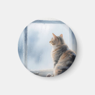 Rainy Window Watercolor Tabby Cat Magnet