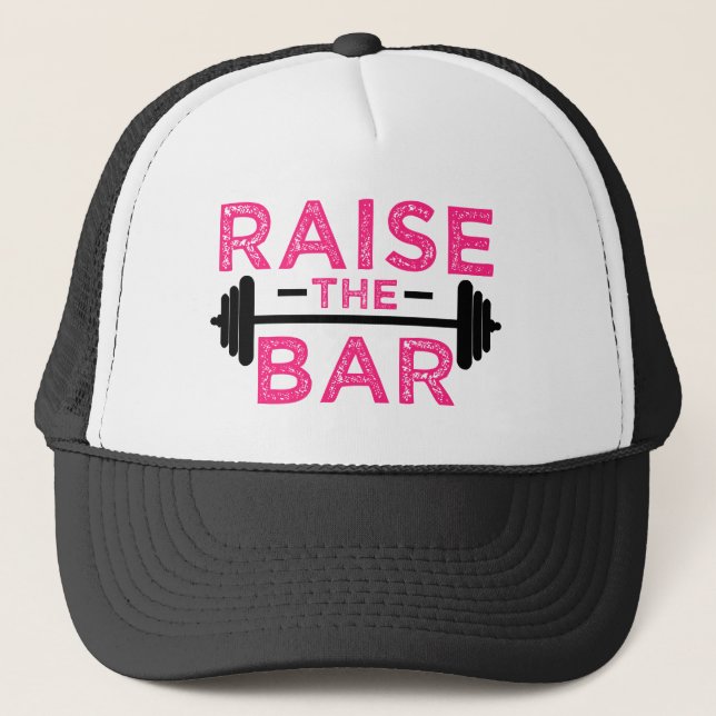 Raise the Bar funny fitness gym saying hat pink (Front)