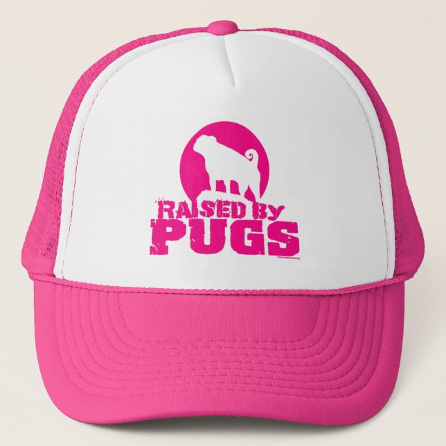 RAISED BY PUGS Hot Pink Trucker Hat (Front)