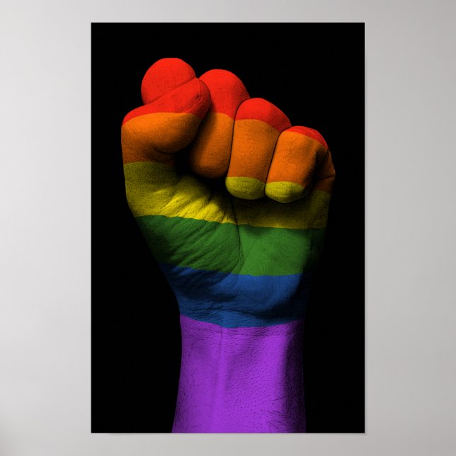 Raised Clenched Fist with Gay Pride Rainbow Flag Poster (Front)