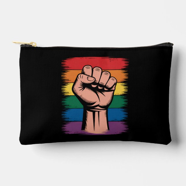 Raised Fist Pride Rainbow LGBTQ Support Rights Accessory Pouch (Front)