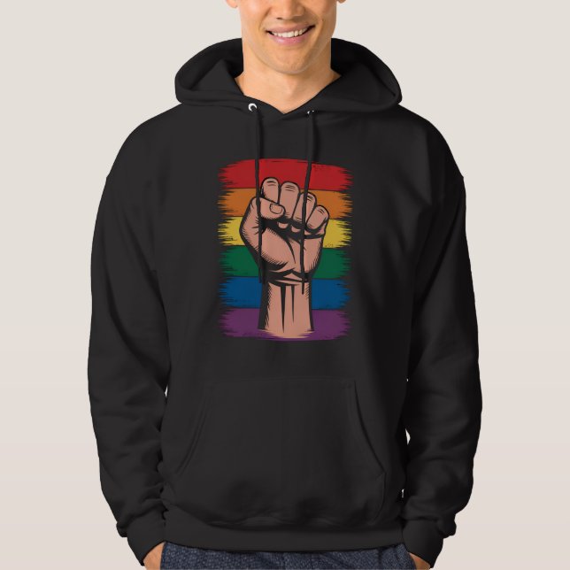 Raised Fist Pride Rainbow LGBTQ Support Rights Hoodie (Front)