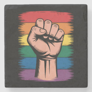 Raised Fist Pride Rainbow LGBTQ Support Rights Stone Coaster