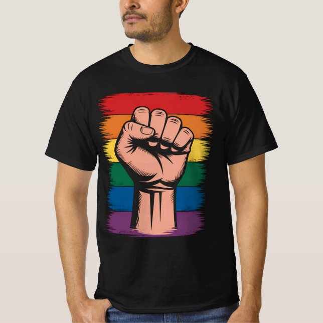 Raised Fist Pride Rainbow LGBTQ Support Rights T-Shirt (Front)