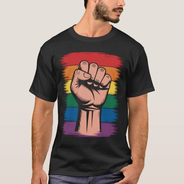 Raised Fist Pride Rainbow LGBTQ Support Rights T-Shirt (Front)