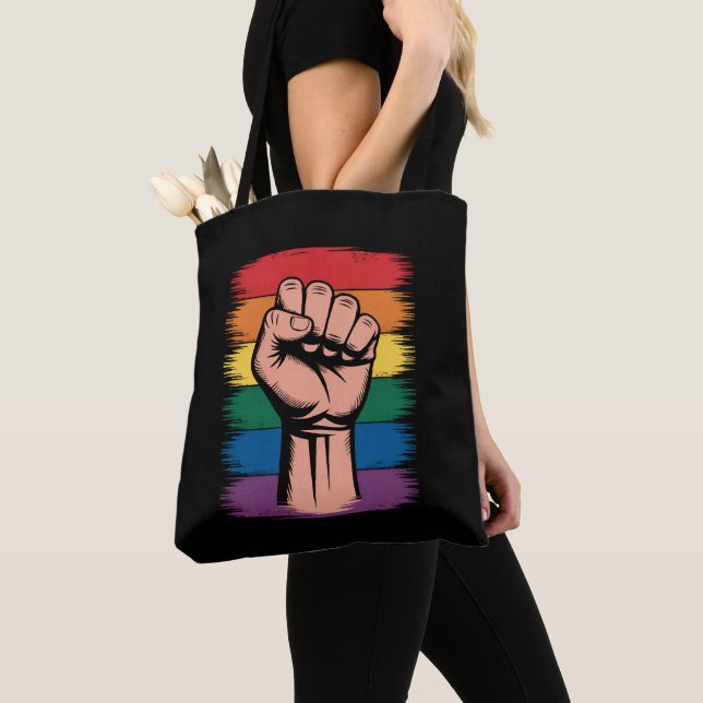Raised Fist Pride Rainbow LGBTQ Support Rights Tote Bag (Close Up)