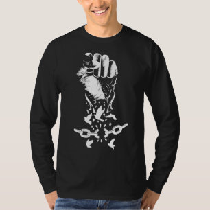 Raised Hand Clenched Fist Broken Chain Birds Black T-Shirt