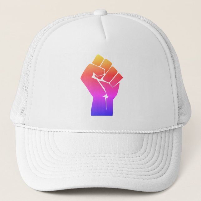 Raised Red Gradient Fist Rainbow Trucker Hat (Front)