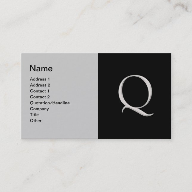 Raised Silver Letter "Q" Business Card (Front)