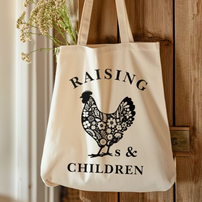 Raising Chickens Funny Homestead Farm Tote Bag (Raising chickens and children tote bag.)