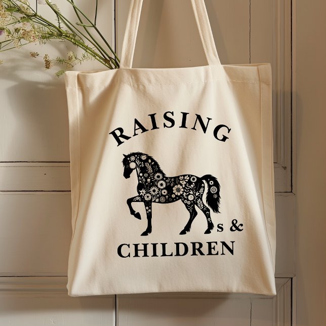 Raising Horses & Children Wildflower Equestrian Tote Bag (Raising horses and children tote bag for horse lovers.)