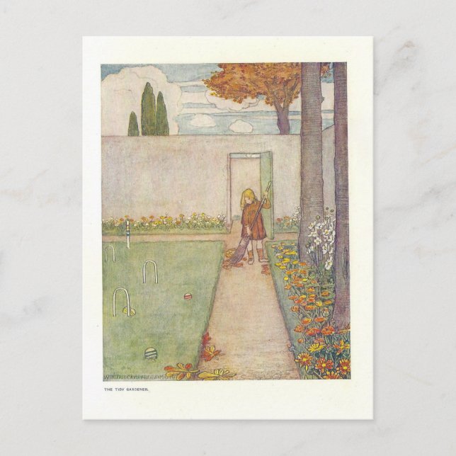Raking Leaves Vintage Illustration Postcard (Front)