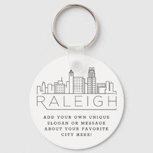 Raleigh, NC Stylized Skyline   Custom Slogan Key Ring
