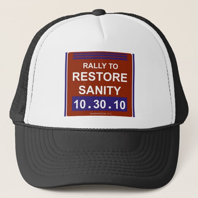 rallytorestoresanitywhite trucker hat (Front)