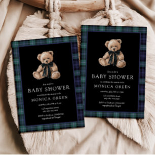 Ralph Teddy Bear Navy Green Plaid Baby Shower Invitation